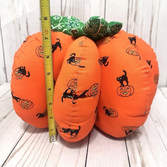 Vintage Cottagecore Handmade Halloween Fabric Large Pumpkin Plush Farmhouse - Picture 6 of 8